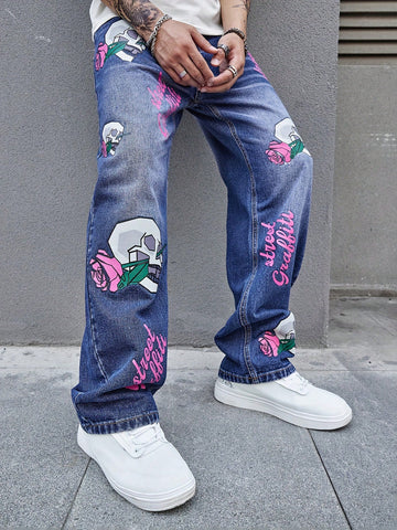 Men Skull And Floral Print Wide Leg Jeans