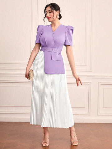 Women's Color Block Puff Sleeve Pleated Dress