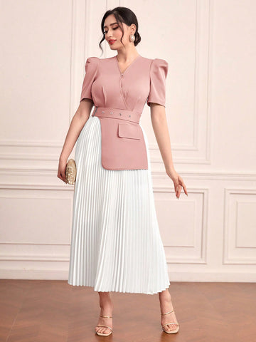 Color Block Belted Pleated Hem Dress