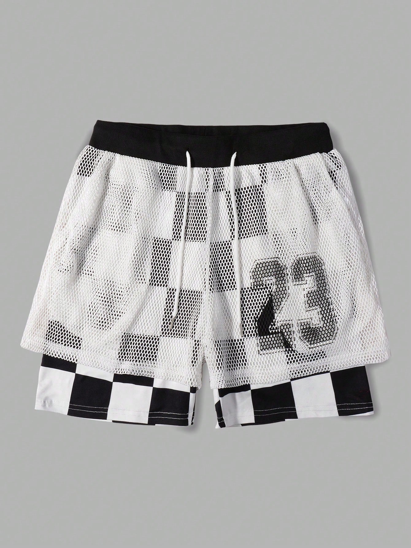 Men's Double Layer Plaid & Number Printed Sports Shorts