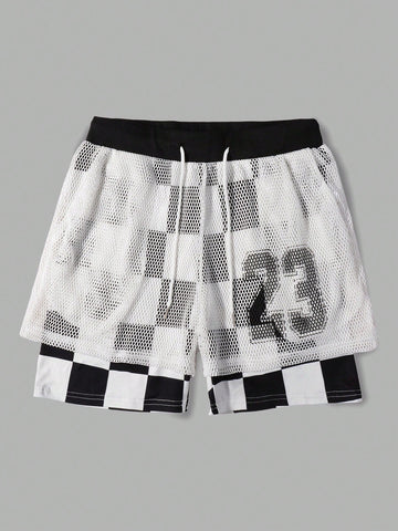 Men's Double Layer Plaid & Number Printed Sports Shorts