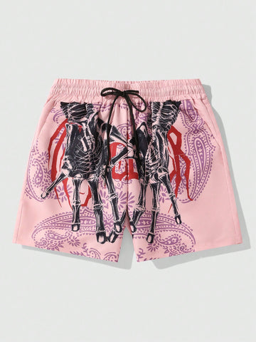 Men's Skull Hand Printed Woven Shorts, Suitable For Daily Wear In Spring And Summer