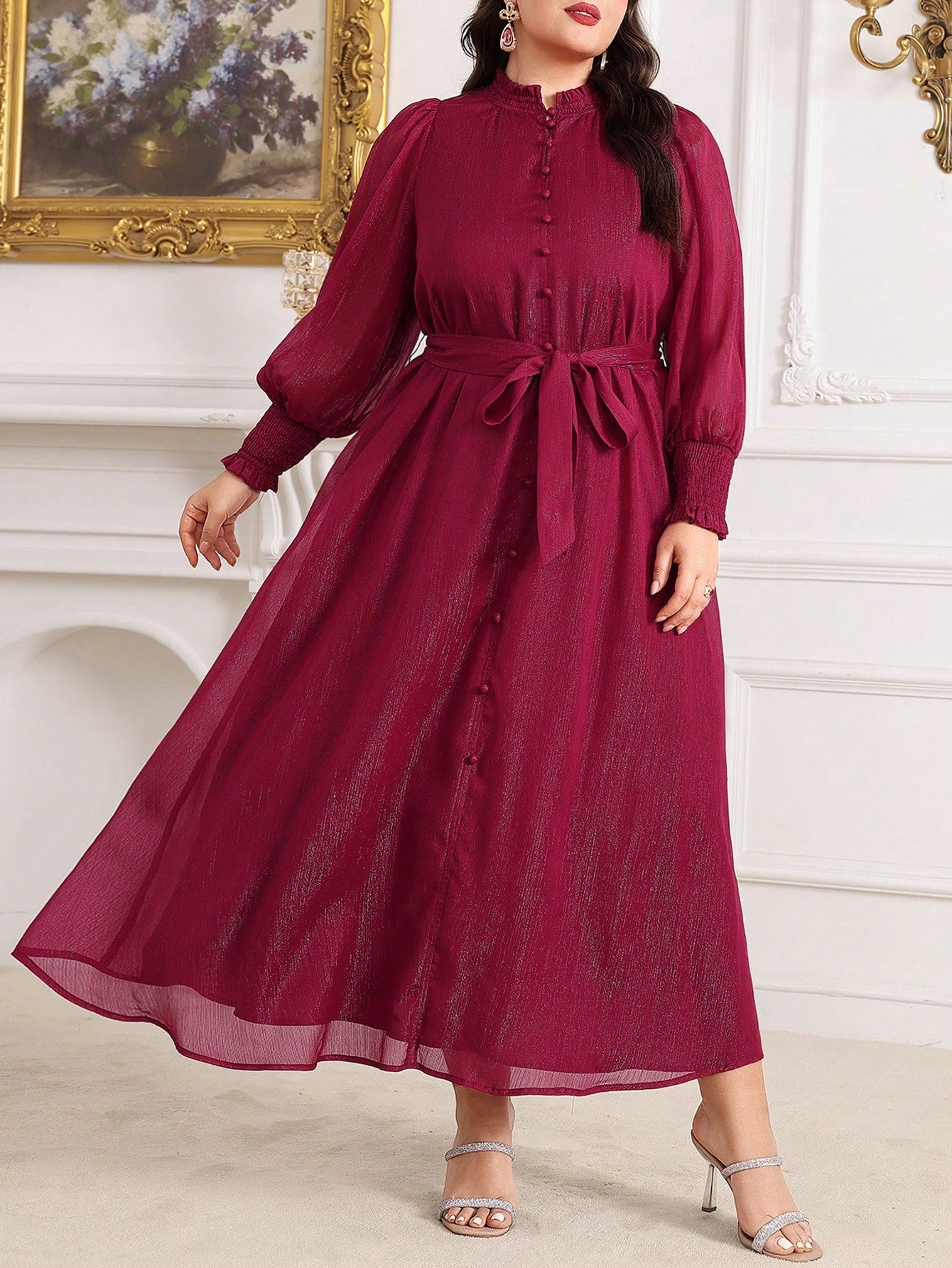 Plus Size Solid Color Stand Collar Lantern Sleeve Dress