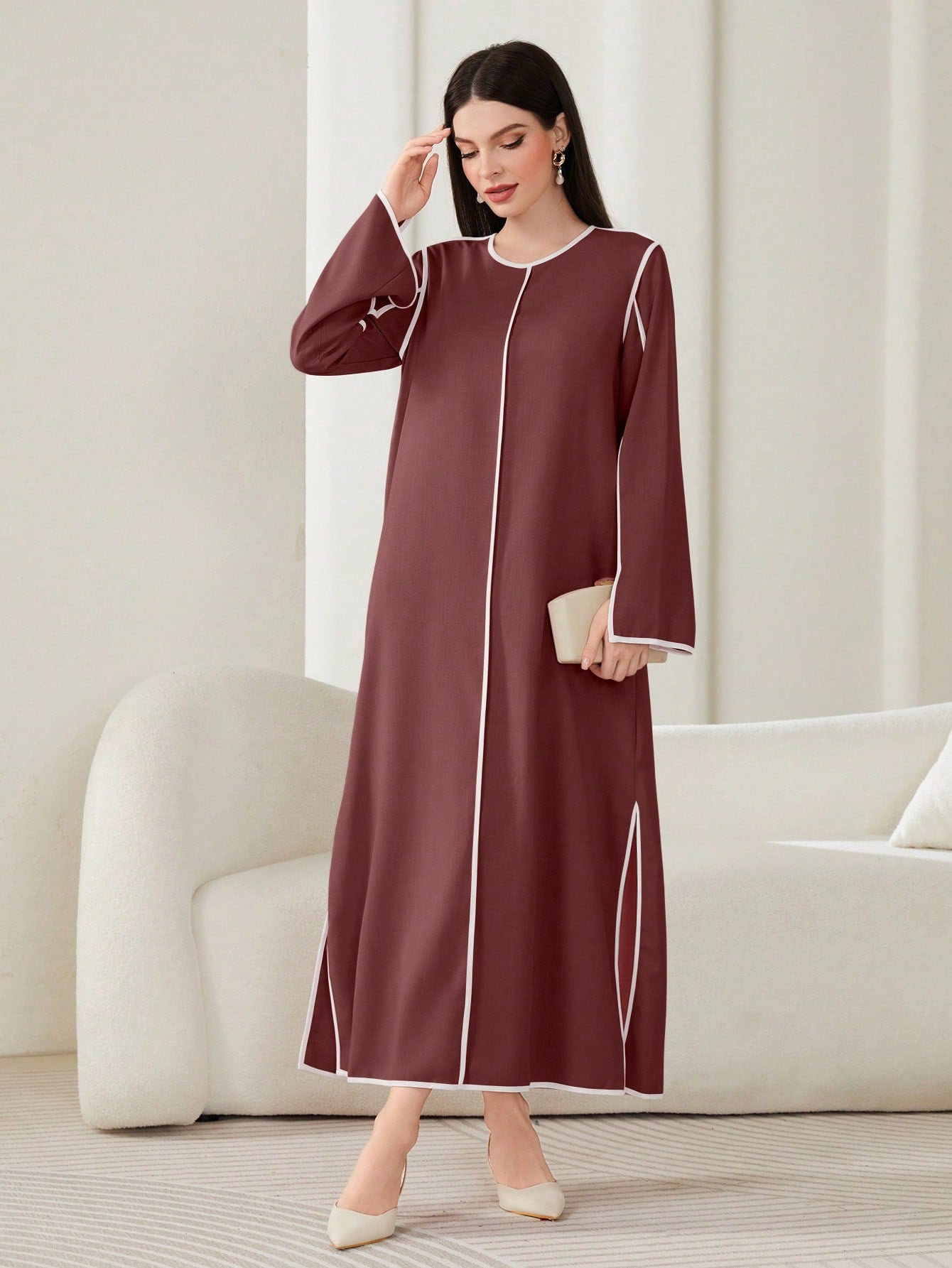 Women'S Round Neck Long Sleeve Dress, Modest Inner Slip Abaya Dress