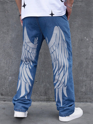 Men Cotton Wings Print Straight Leg Jeans