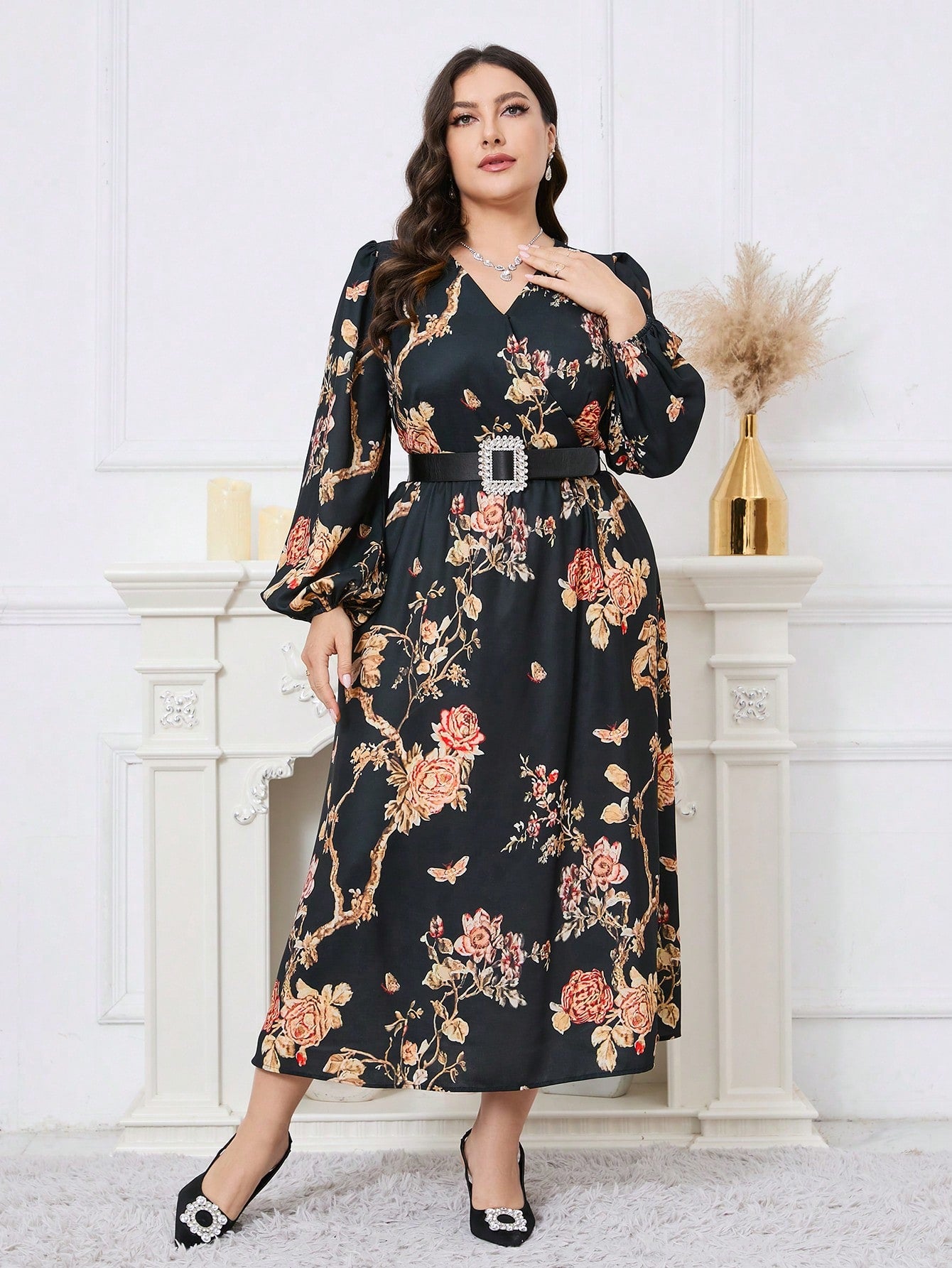 Plus Size Women's Floral Print Lantern Sleeve Arabian Style Dress