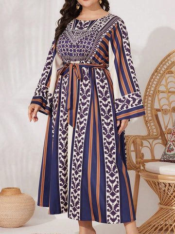 Plus Size Women's Arabian Geometric Pattern Flare Sleeve Dress