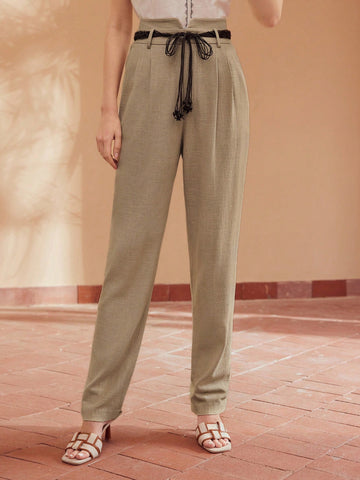 LINEN HIGH WAIST FOLD PLEATED SUIT PANTS WITH BELT