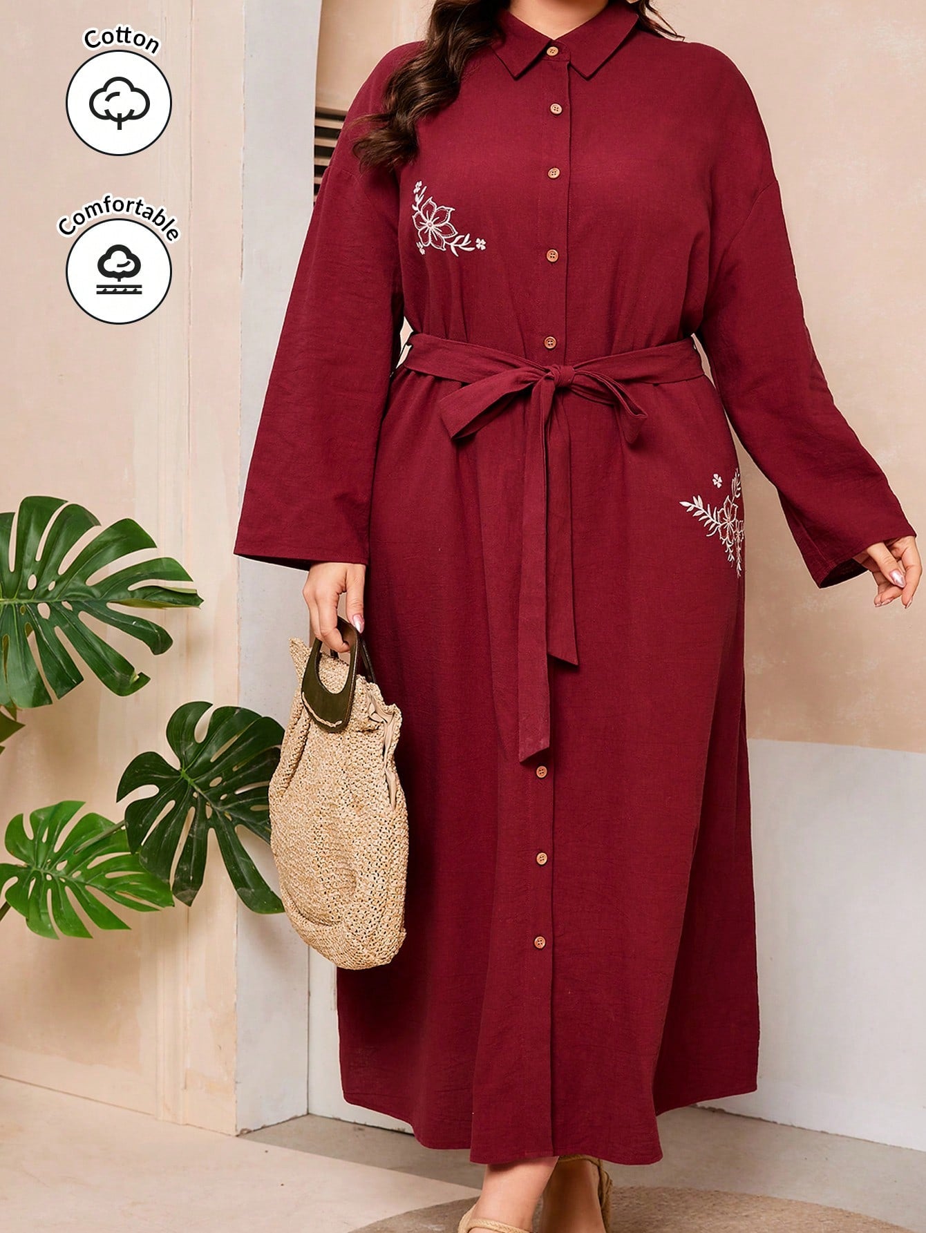 Plus Size Women's Solid Color Long Sleeve Shirt Dress