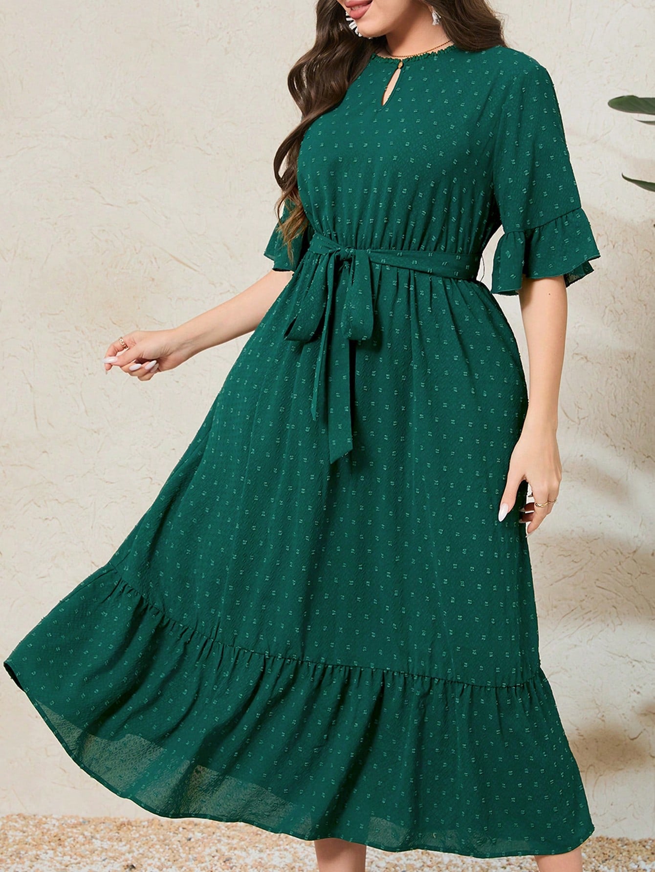 Plus Size Swiss Polka Dot Ruffle Sleeve Dress