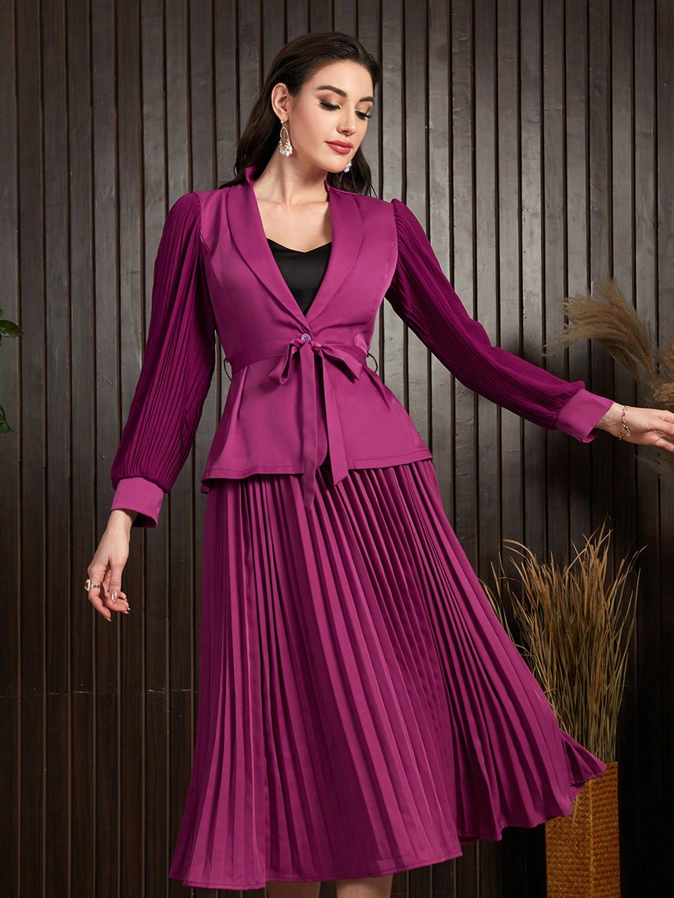 Women's Solid Color Shawl Lapel Long Sleeve Coat And Pleated Skirt Two-Piece Set