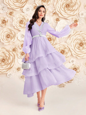 Ladies' Solid Color Lace Flower Edge Lantern Sleeve Dress