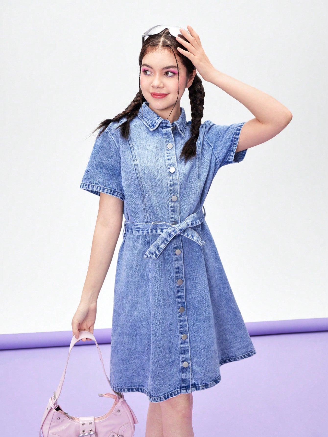 Teen Girl's Casual, Simple And Comfortable Short Sleeve Denim Dress