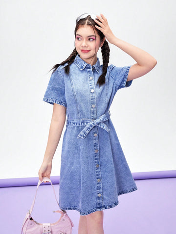 Teen Girl's Casual, Simple And Comfortable Short Sleeve Denim Dress