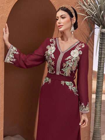 Women's Floral Applique Long Sleeve Self Tie Arabian Dress