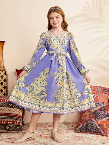 Tween Girl Wrap Collar Long Sleeve Dress With Printed Pattern And Belt