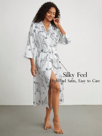 Cat & Flower Printed Belted Robe