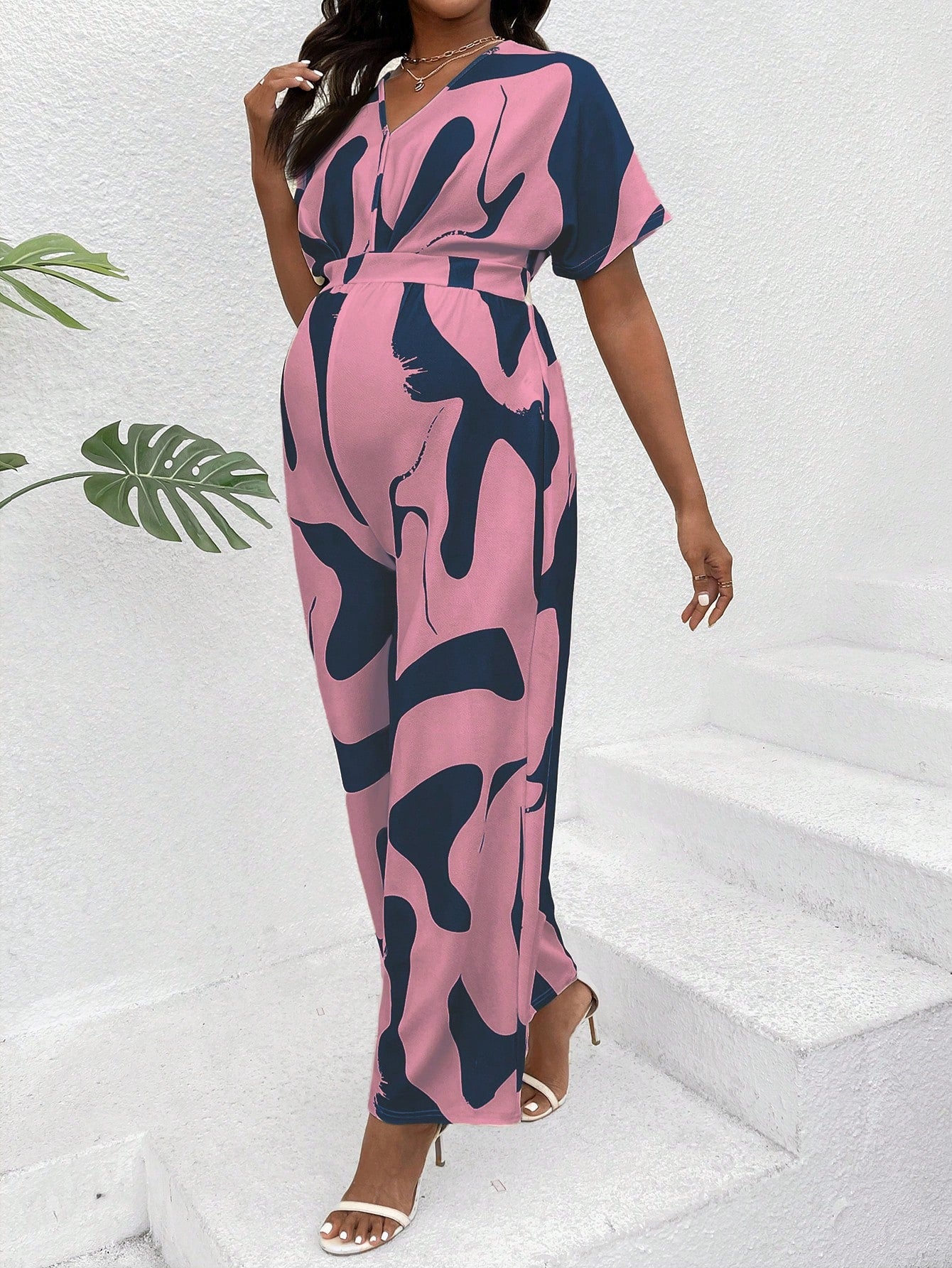 Maternity V-Neck Printed Fashion Jumpsuit