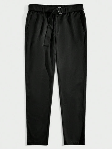 Solid Color Belted Woven Straight Pants