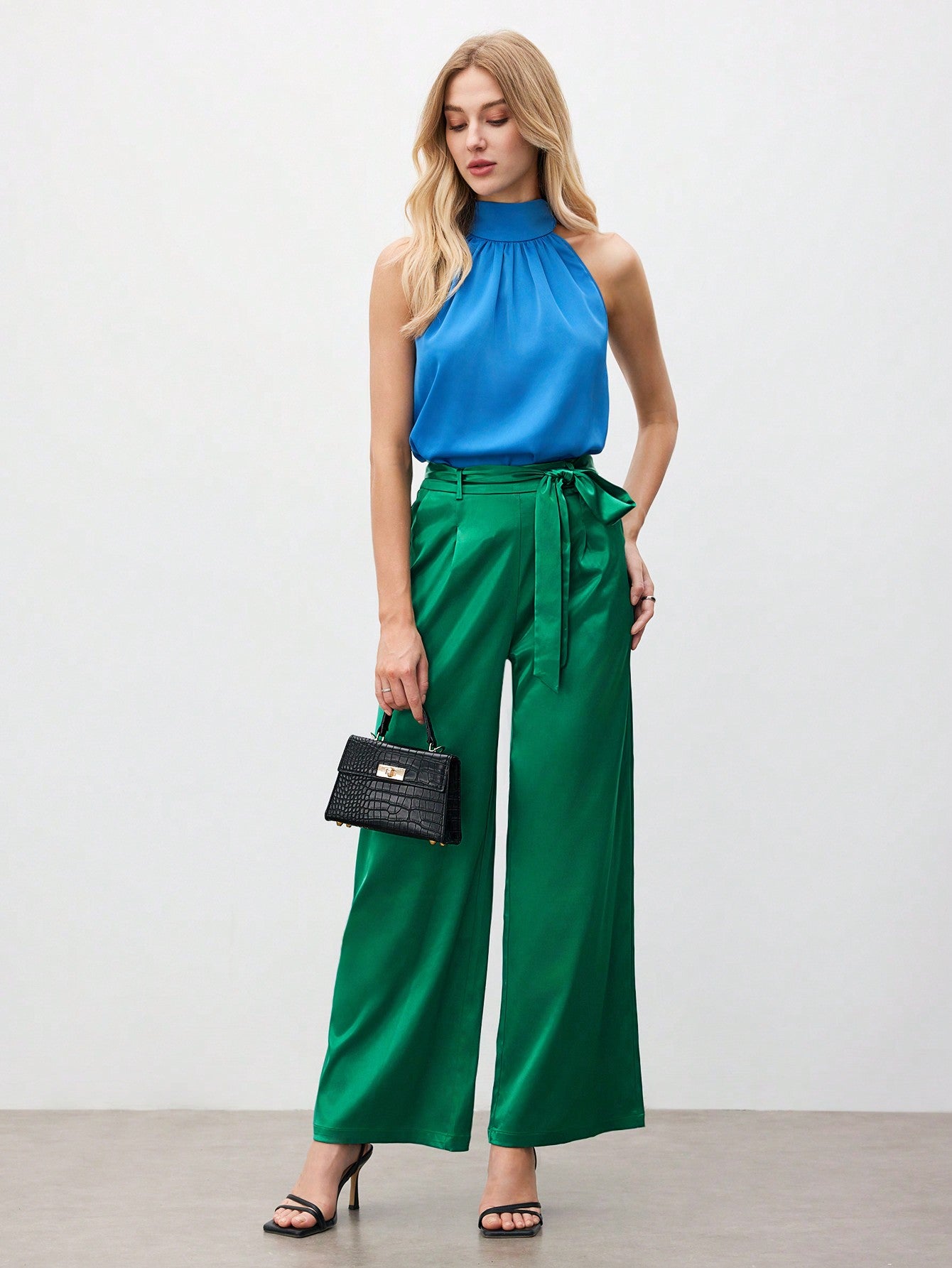 Women's Solid Color Jade Green Wide-Leg Pants With Belt