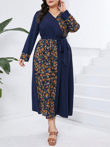 Plus Size Loose Fit V-Neck Floral Printed Patchwork Dress