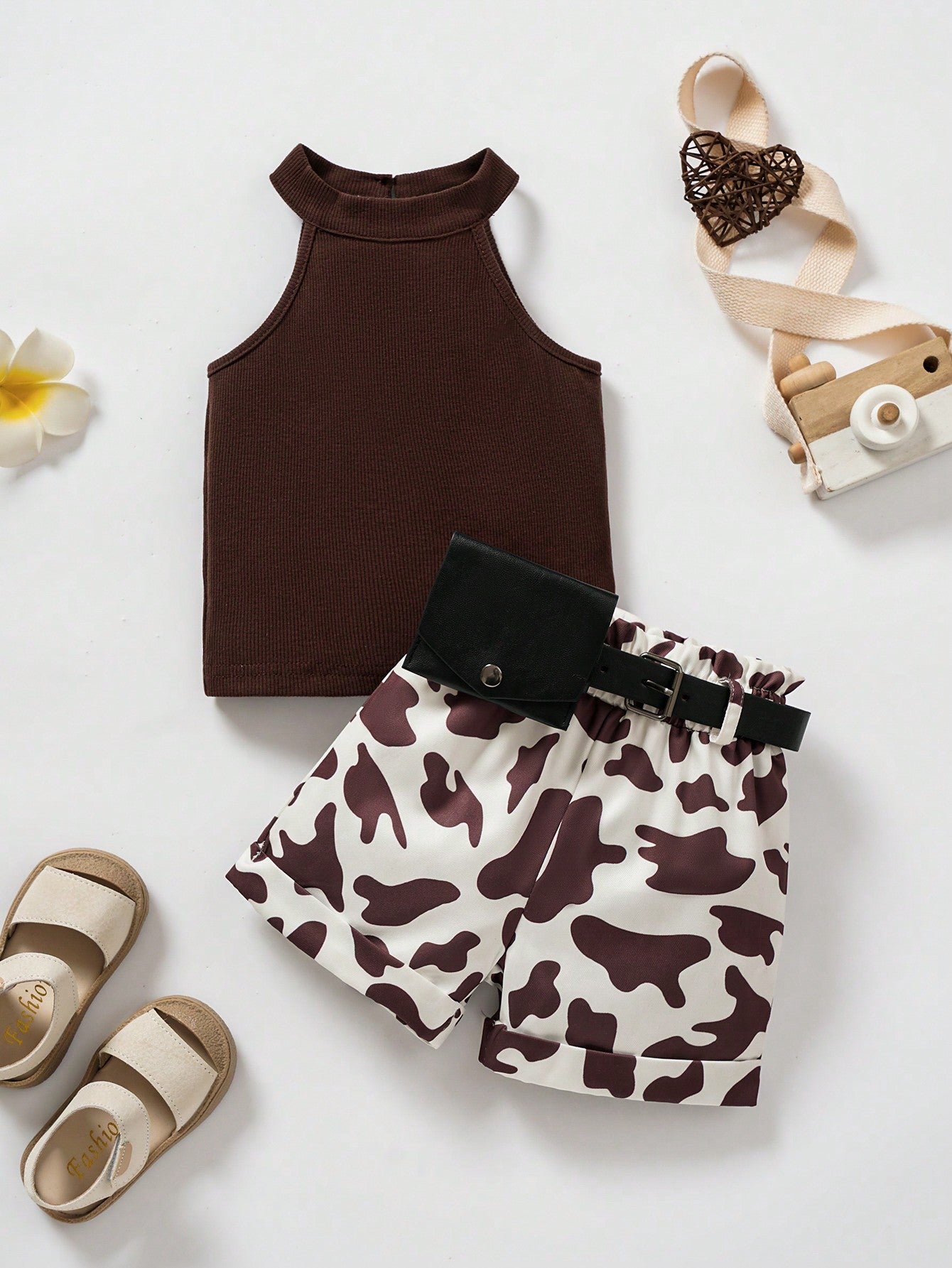 3pcs/Set Spring Summer Baby Girl Outfit Including Brown Top With Waist Pack & Cow Print Shorts For Cute Daily Casual Look