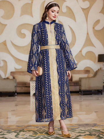 Women's Arabian Traditional Long Robe With Metallic Geometric Pattern Patchwork And Woven Belt