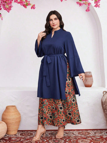 Plus Size Women's Floral Patchwork Printed Bell Sleeve Arabian Dress