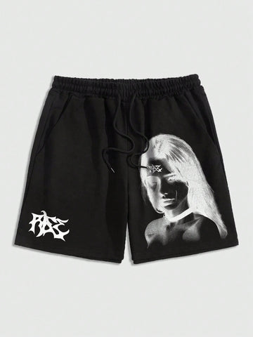 Men's Printed Drawstring Waist Shorts With Character Pattern