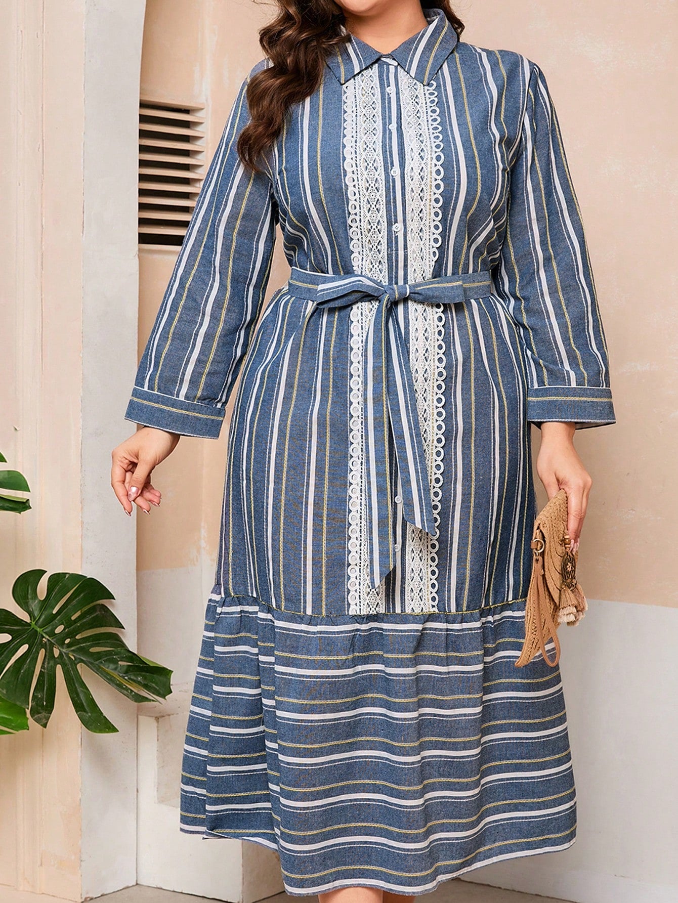 Plus Size Striped Colorblock Lace Splicing Dress