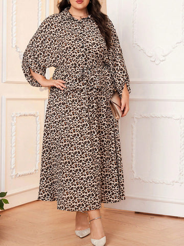 Plus Size Leopard Print Polo Collar Shirt And Skirt Two Piece Set