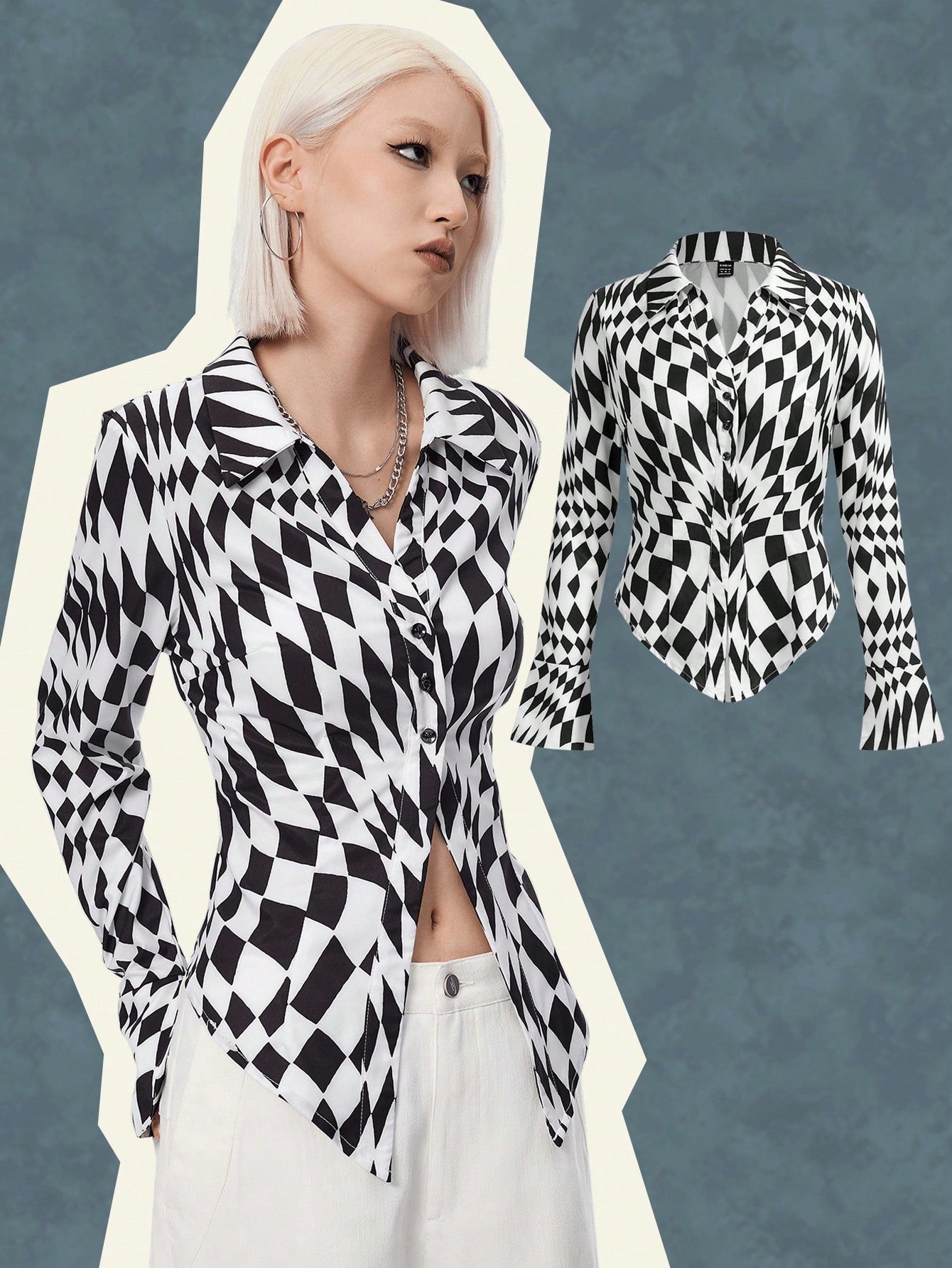 Transformed Grid Pattern Printed Waist-Cinched Flared Sleeve Shirt