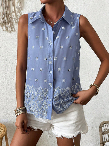 Spring/Summer Commuter Shirt Collar Sleeveless Embroidered Casual Women Tops For Vacation