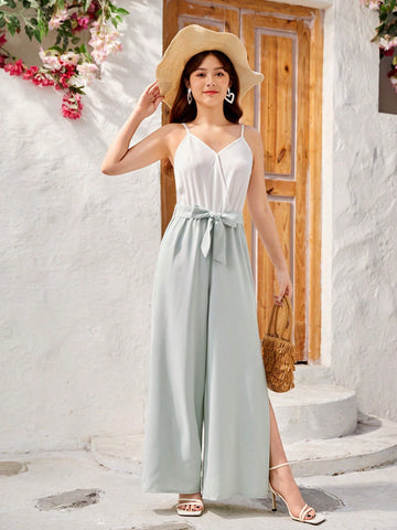 Teen Girl Color Block Halter Neck Wide Leg Jumpsuit With Side Split