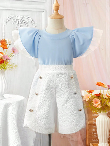 Young Girl 2pcs/Set Elegant Ladylike Blue & White Color Mesh Clothing