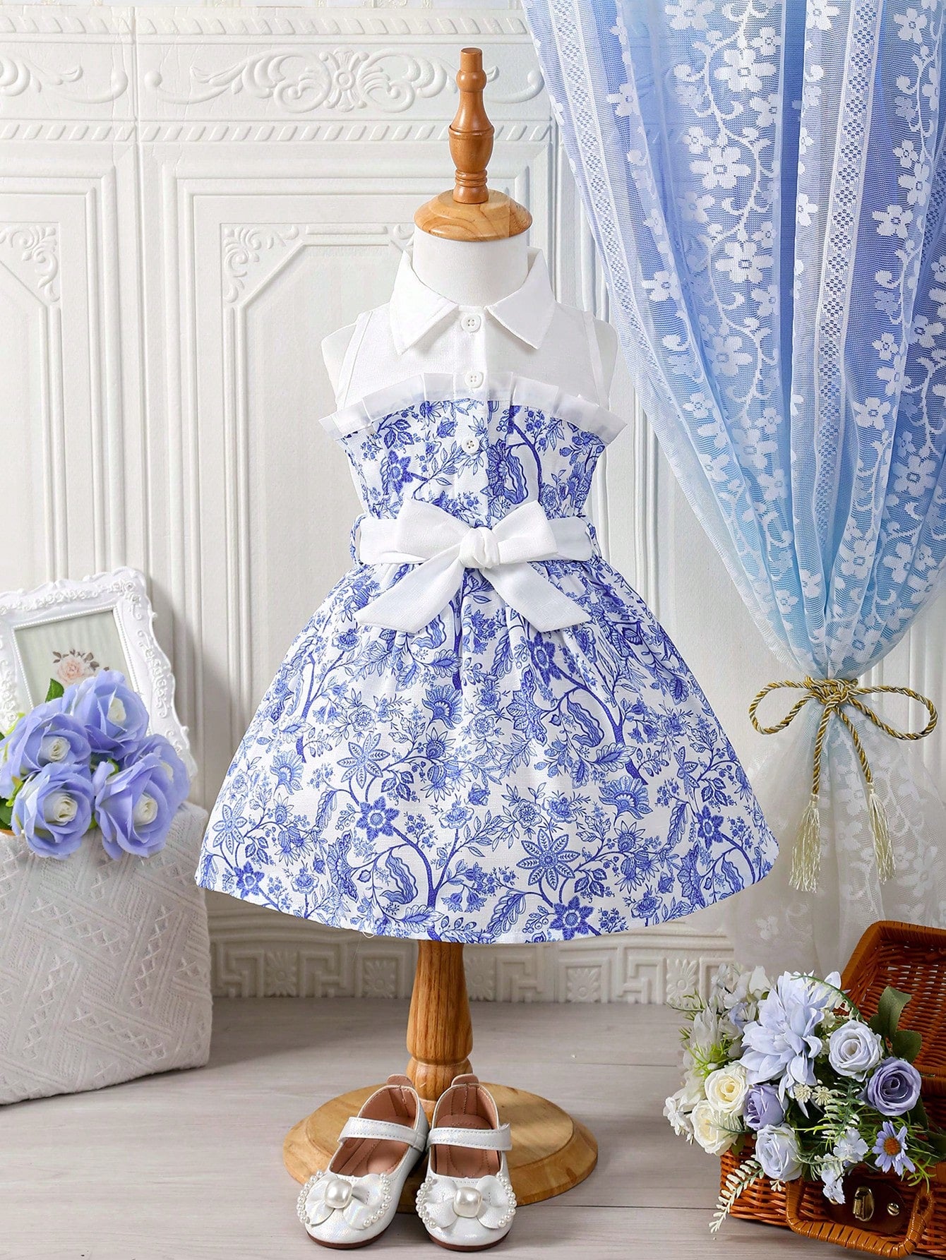 Baby Girl Gorgeous Elegant Ruffle Decorated Printed Dress With Belted Waist