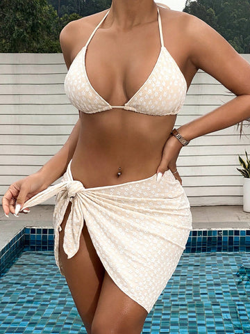 3pcs/Set Women'S Textured Halter Neck Bikini Set