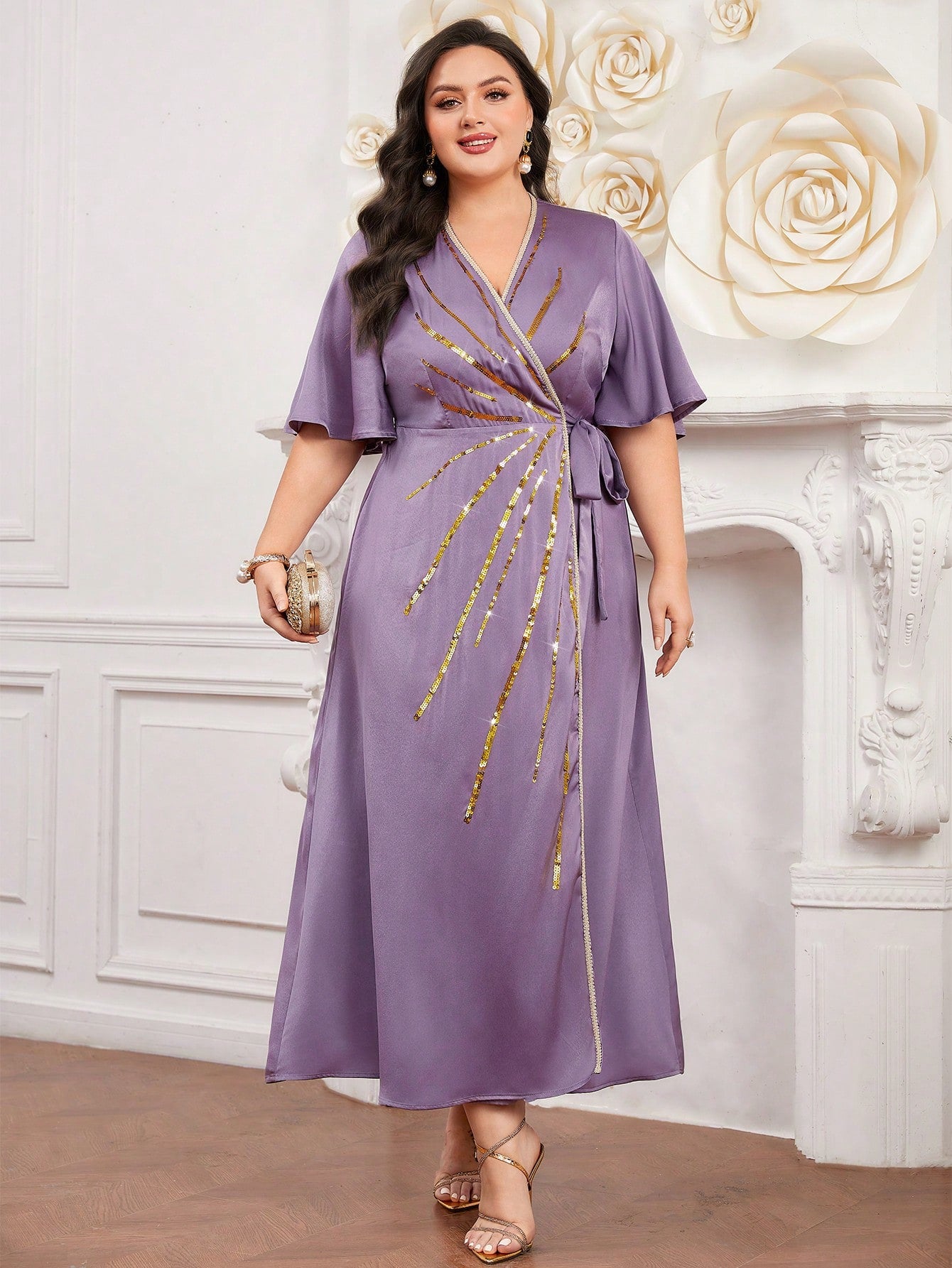 Plus Size Sequin Patchwork Flutter Sleeve Wrap & Tie Arabian Dress