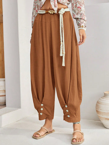 Ladies' Elastic Waist Fold Pleated Harem Pants With Drawstring Hem