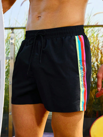 Men's Color-Block Drawstring Beach Shorts For Summer Vacation