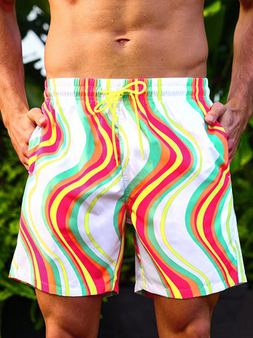 Men's Wave And Stripe Patterned Beach Vacation Shorts