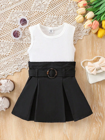 Baby Girl Envelope Waist Design Sleeveless Top & Pleated Skirt Set With Belt For Holiday, Summer