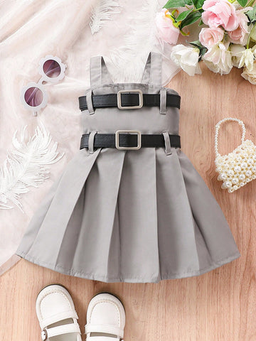 Newborn Baby Girl Double Buckle Belted Fold Pleated Hem Fashionable Slip Dress