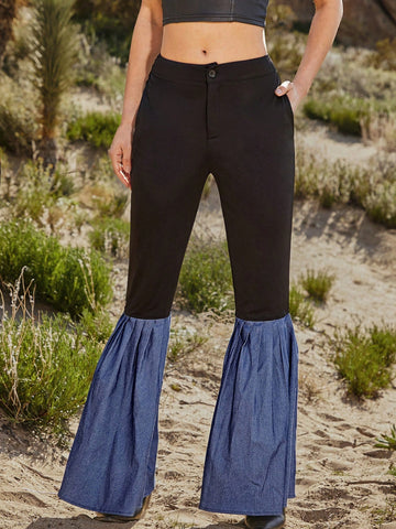 Colorblock Pleated Flare Leg Pants