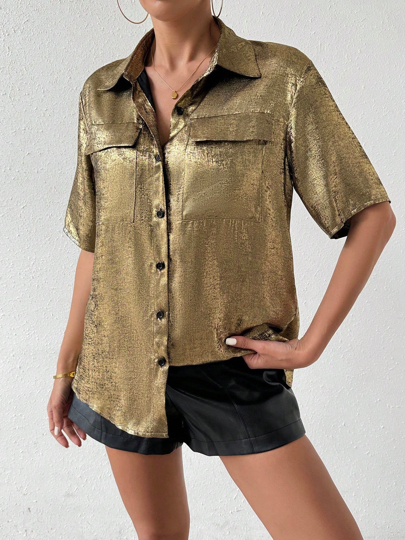 Women's Metallic Fabric Short Sleeve Summer Shirt