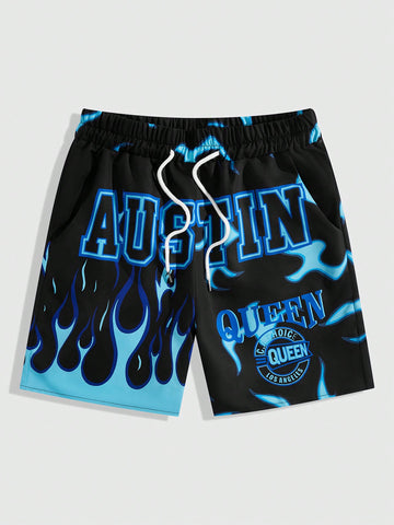 Men's Flame Print Drawstring Shorts For Summer