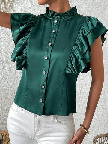 Spring/Summer Commuter Green Round Collar Ruffle Patchwork Women Tops