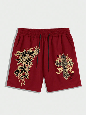 Men's Star & Cross Print Drawstring Shorts, Suitable For Summer