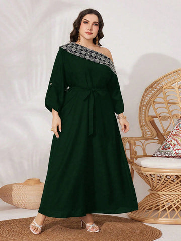 Plus Size Arabic Clothing Geometric Printed Asymmetrical Collar Dress