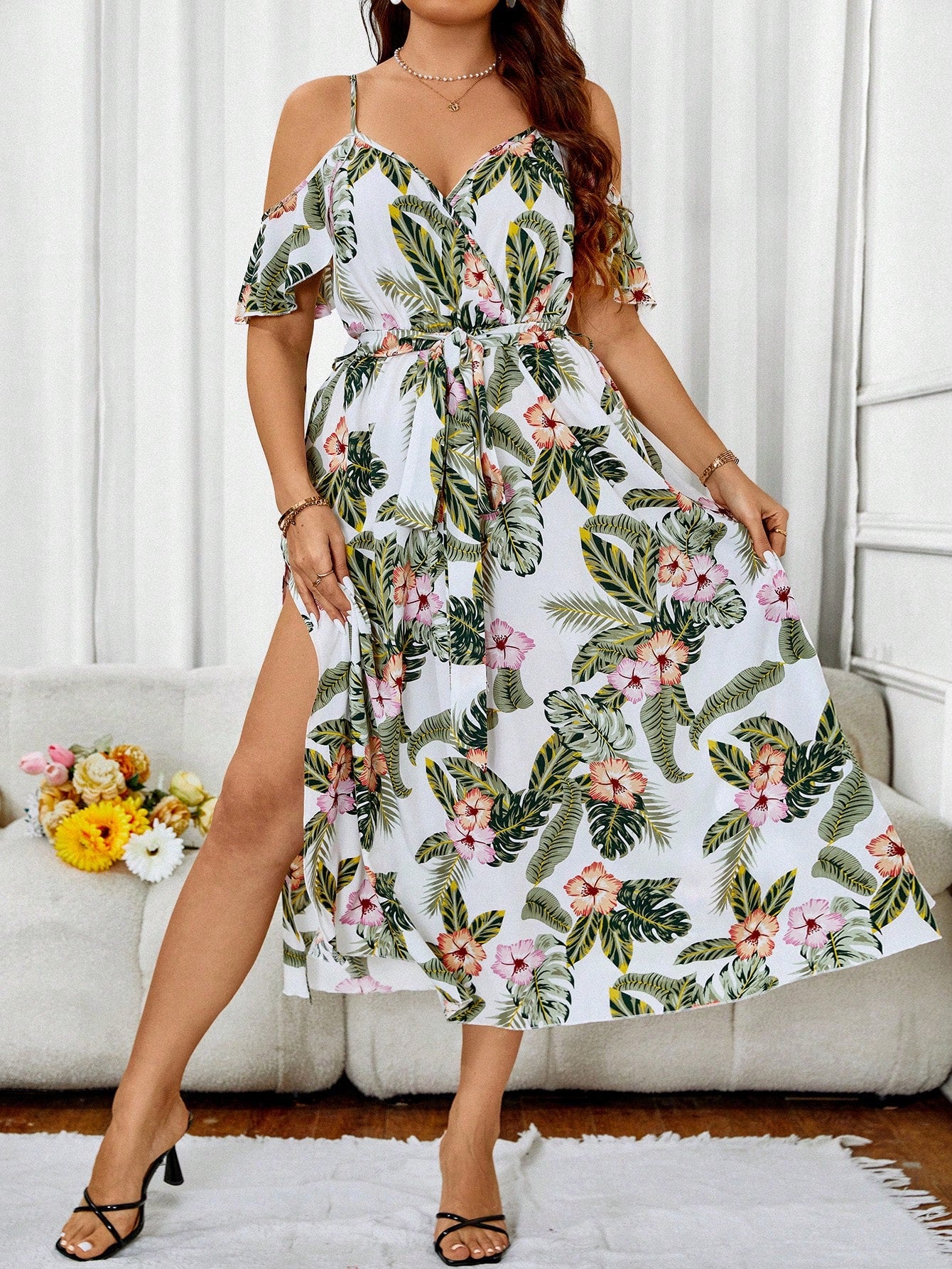 Women's Plus Size Plant Printed Split Dress